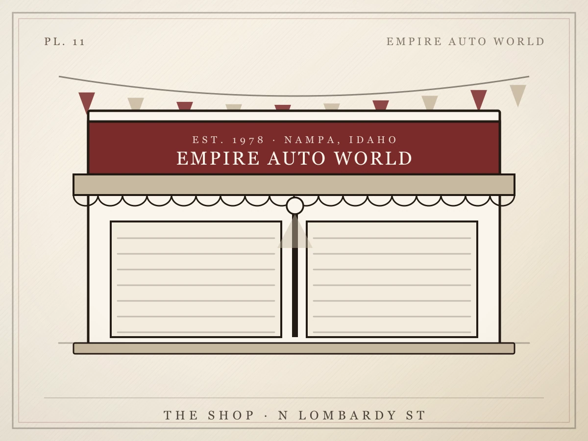 Illustration of the Empire Auto World garage on N Lombardy St with its sign, awning and two roll-up doors
